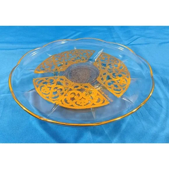 Georges Briard Signed Gold Scroll Encrusted Glass Pedestal Cake Plate Stand - Picture 2 of 7
